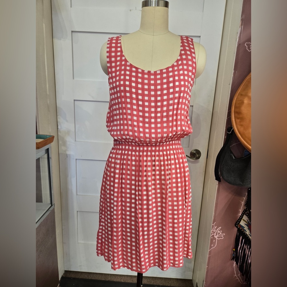 Cremieux gingham checkered pink and white tank dress ruched waist size small